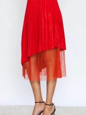 Jealous Tomato Red High-Low Pleated Skirt with Sheer Hem